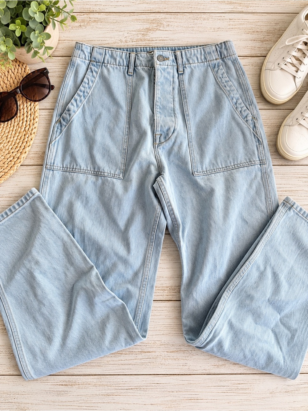 Zara Light Blue Wash Wide Leg Utility Jeans | Size 31
